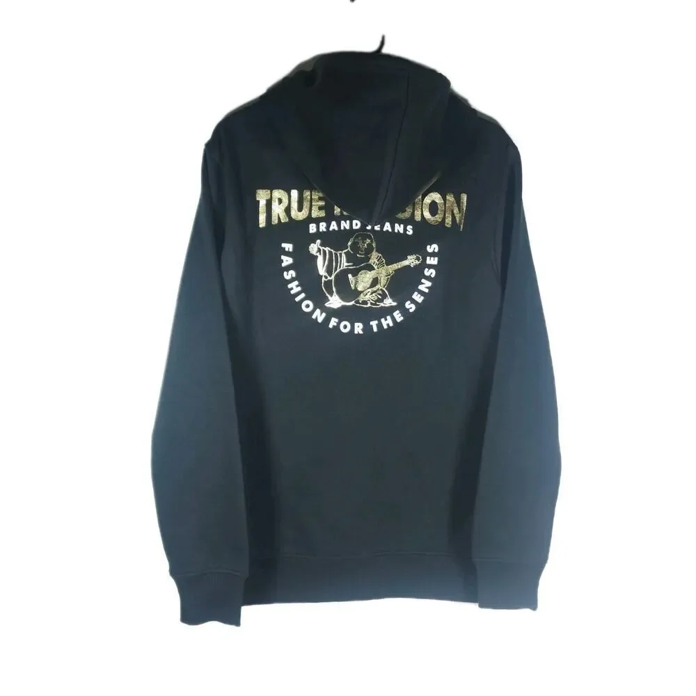 True Religion Men's Sz M Black Metallic Buddha Logo Long Sleeve Full Zip Hoodie